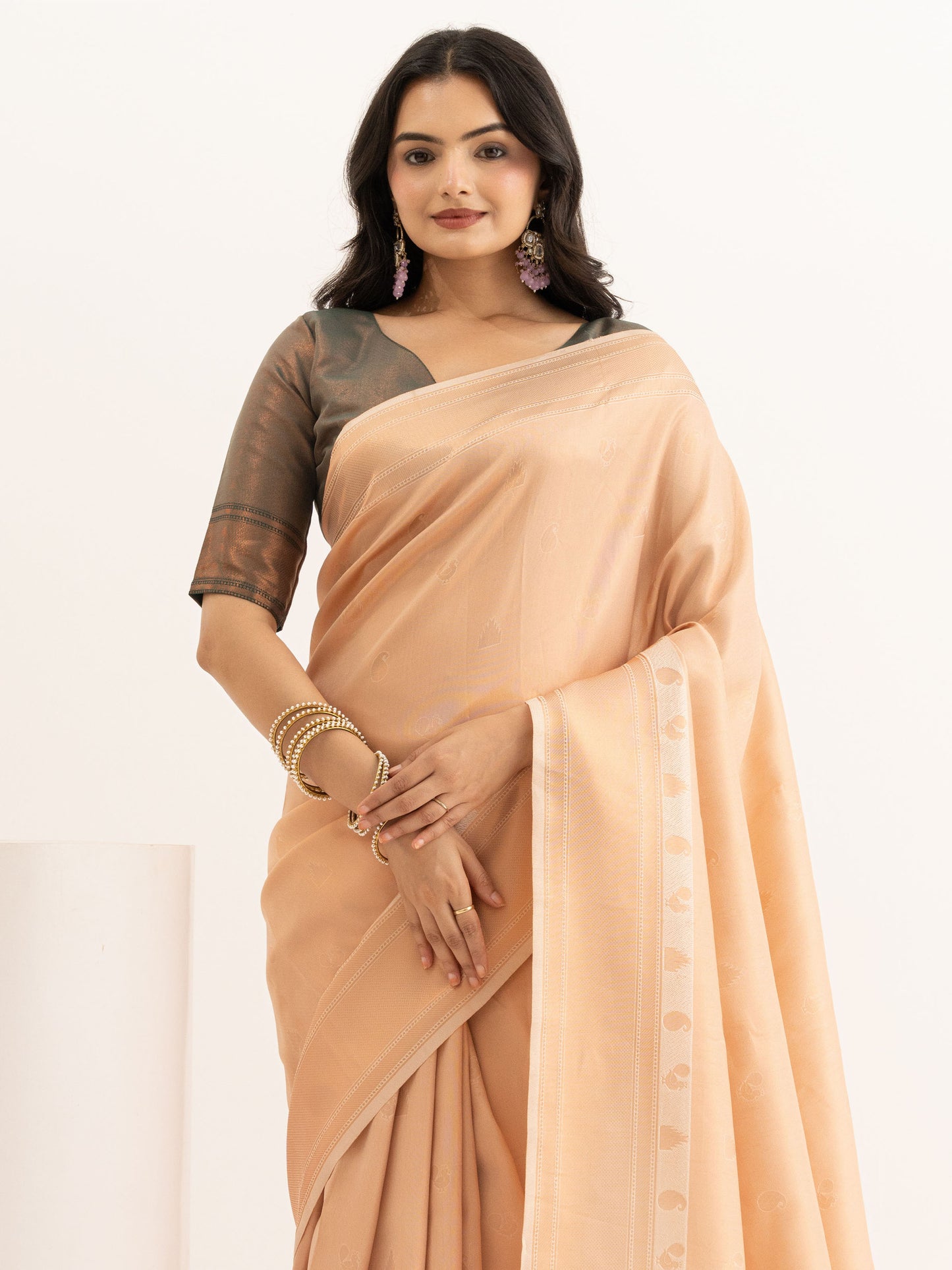Peach Kanjivaram Silk Saree with woven Peacock Motifs