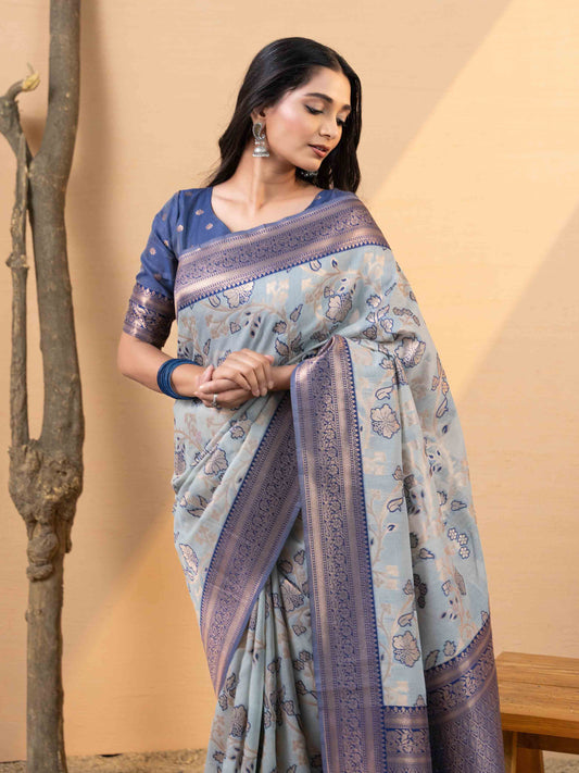 Elegant Blue Floral Woven Linen Saree