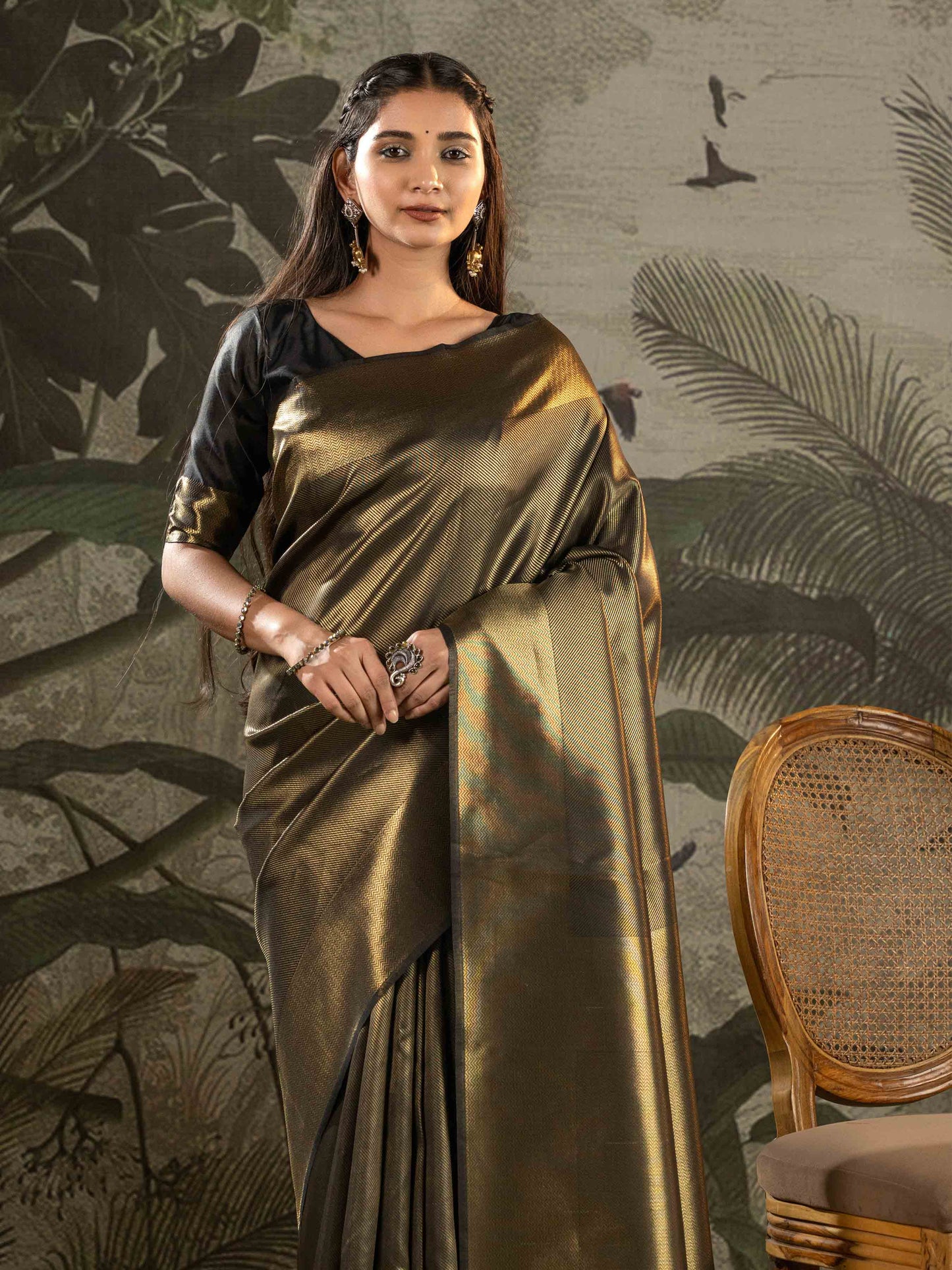 Black & Antique Gold Tissue Silk Saree