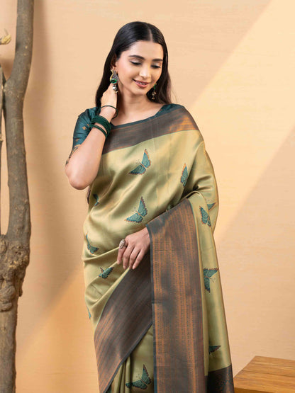 Luxurious Olive Gold and Teal Tissue Silk Saree