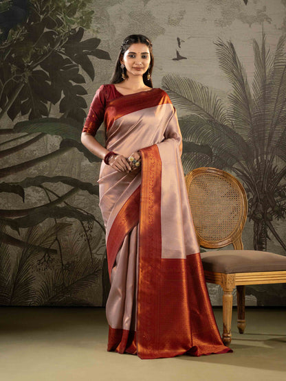 Antique Rose with Vermilion Red Zari Woven Kanjivaram Saree