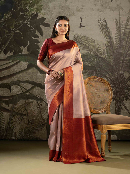 Antique Rose with Vermilion Red Zari Woven Kanjivaram Saree