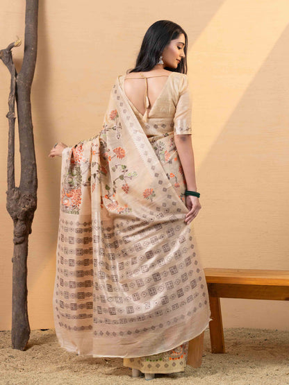 Beige With Multicolour Floral Linen Saree