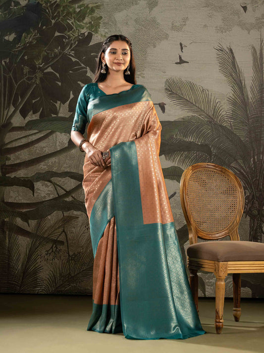 Peach and Teal Green Kanjivaram Silk Saree