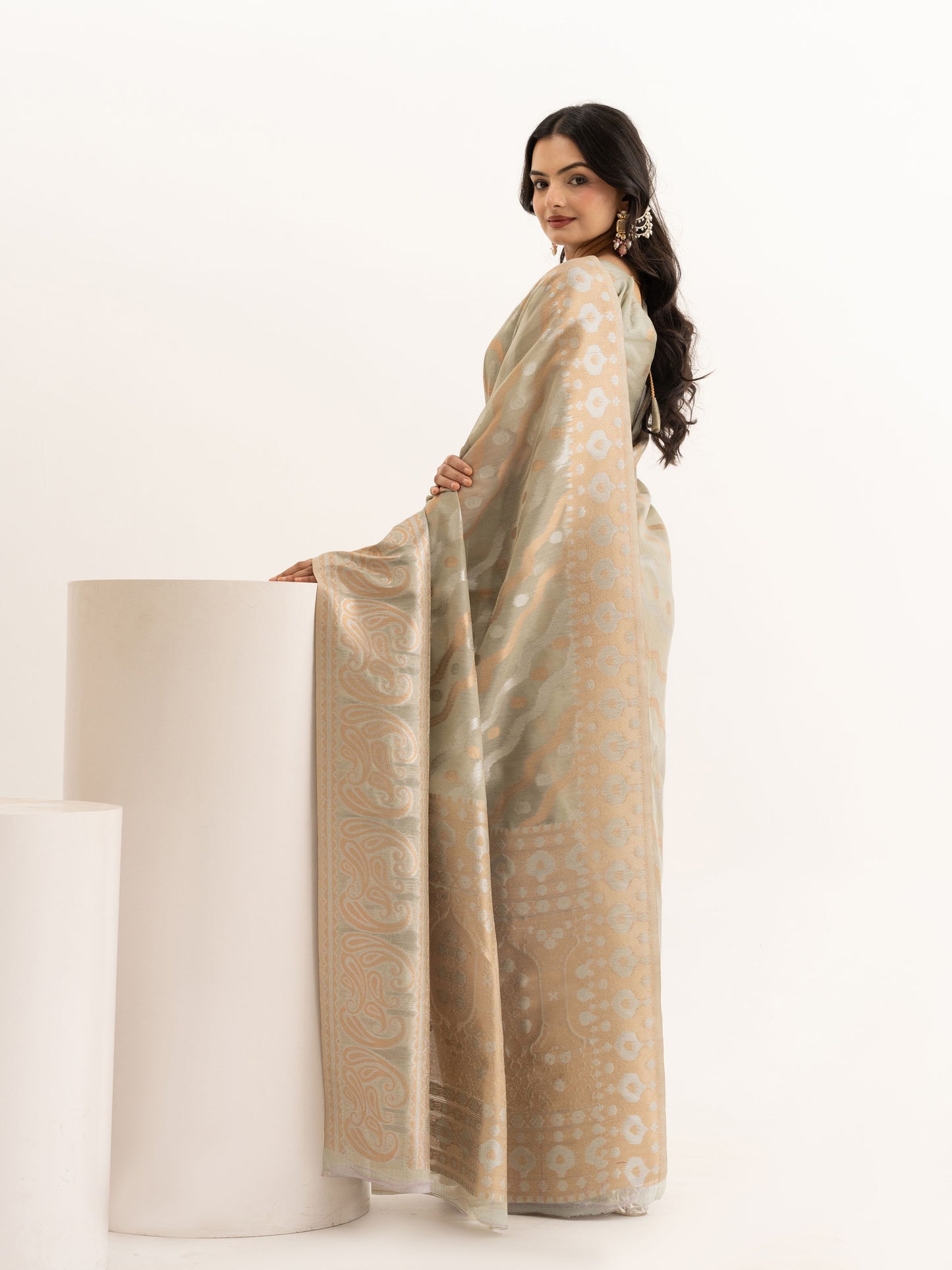 Sage Green Linen Woven Saree With Zari Weaving