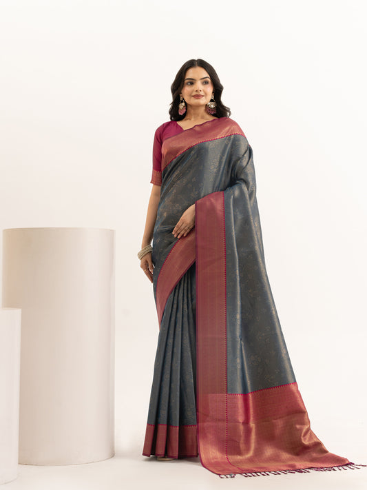 Midnight Teal Kanjivaram Silk Saree