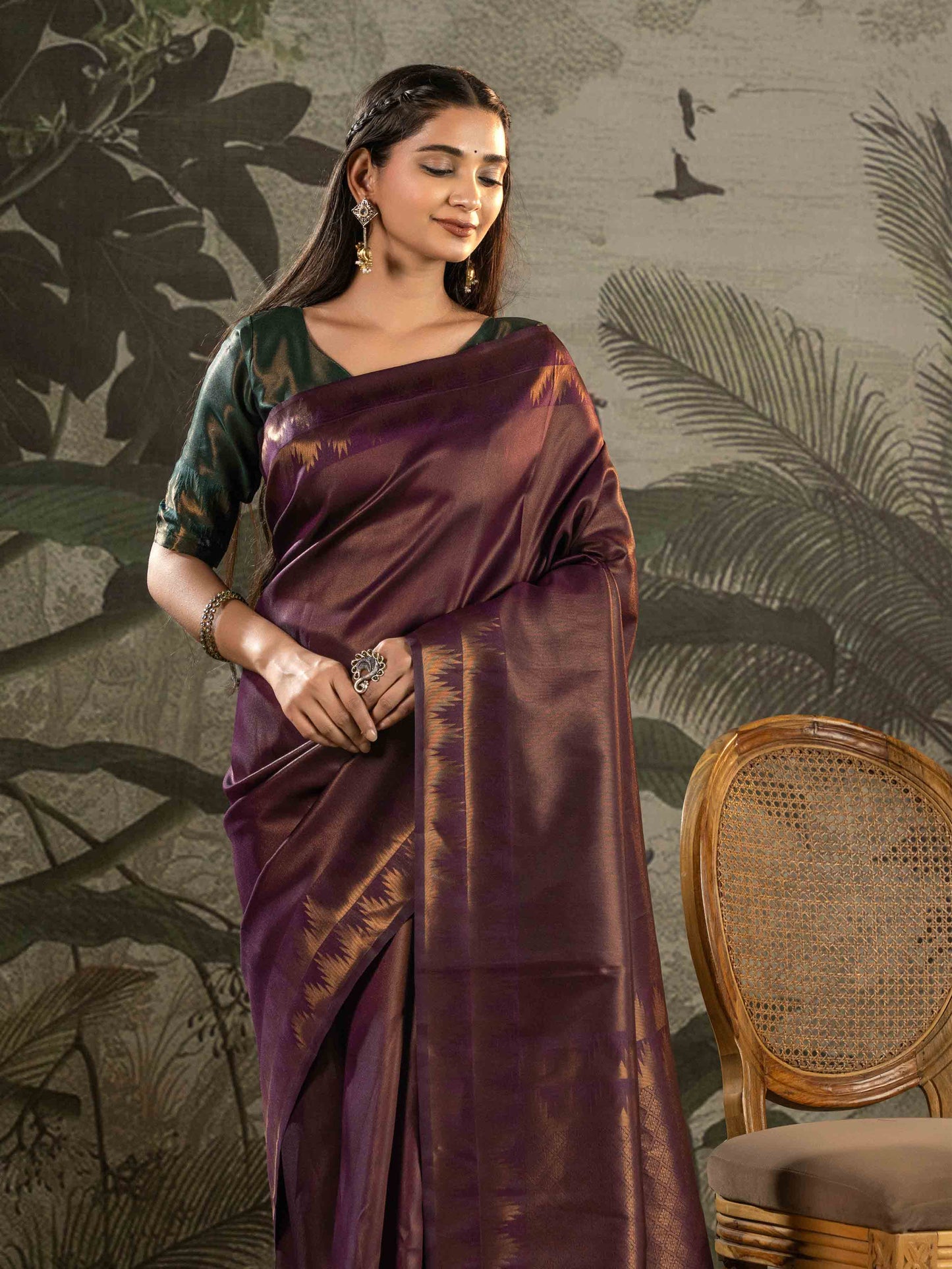 Royal Plum Tissue Silk Saree with Contrast Ikat Border