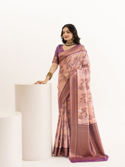 Peach-Pink & Purple Woven Linen Saree