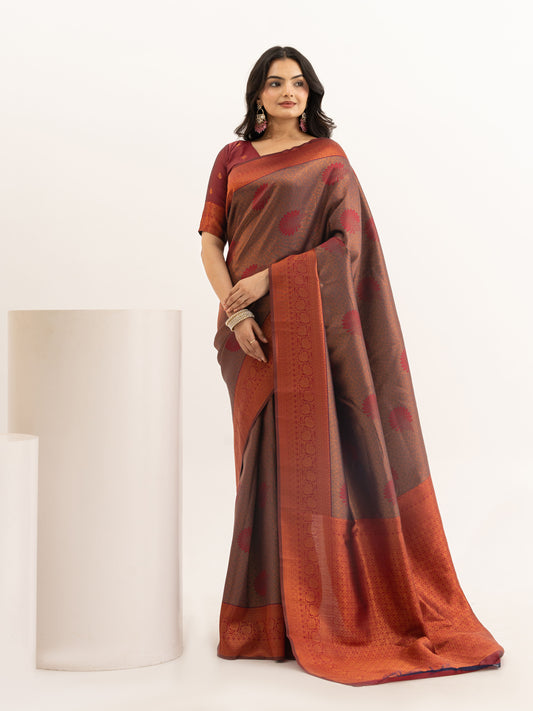 Regal Auburn and Antique Gold Kanjivaram Silk Saree