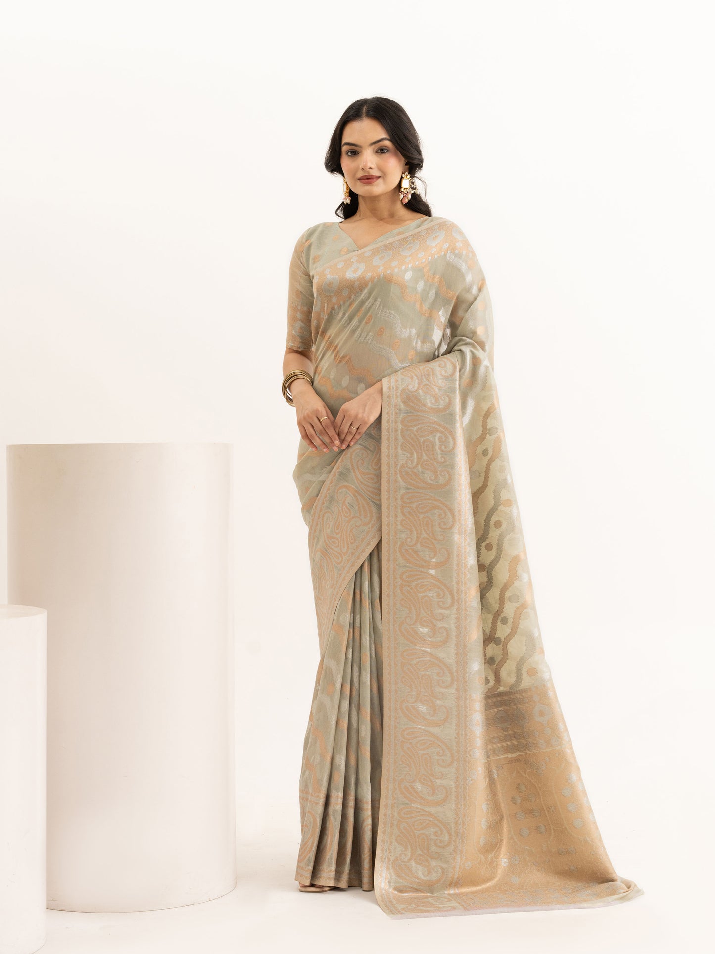Sage Green Linen Woven Saree With Zari Weaving