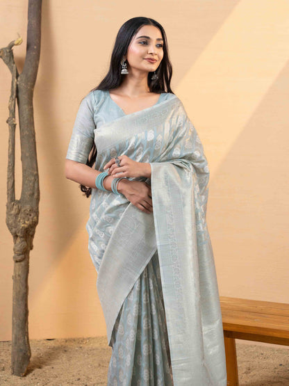 Misty Blue Linen Saree with Silver Zari Accents