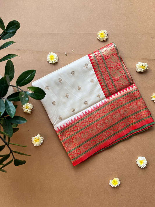 Cream and Red Zari Woven Silk Saree for Durga Puja