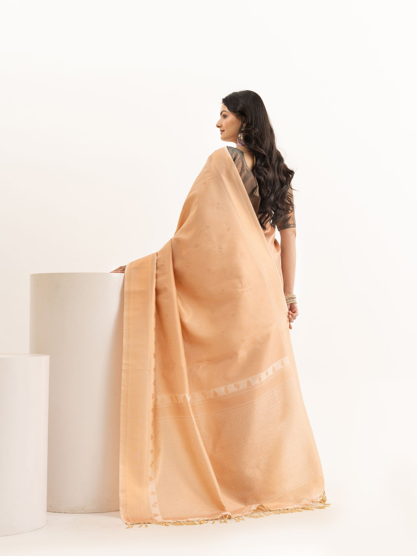 Peach Kanjivaram Silk Saree with woven Peacock Motifs