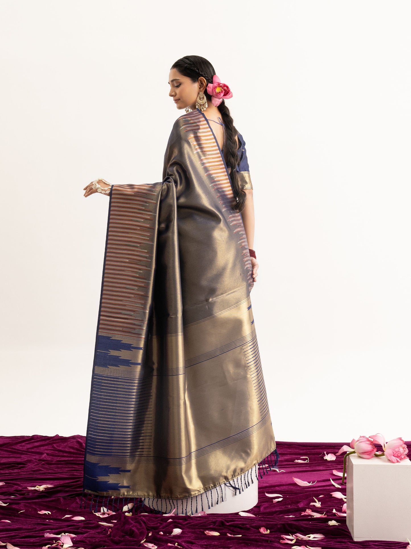 Navy Tissue Silk Saree with Striped Harmony
