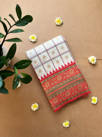 Cream Saree With floral motifs Woven Silk Saree Durga Puja