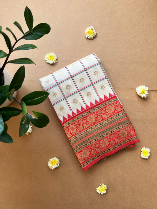 Cream Saree With floral motifs Woven Silk Saree Durga Puja