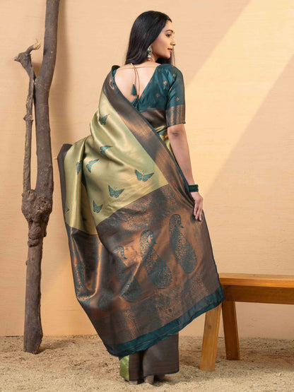 Luxurious Olive Gold and Teal Tissue Silk Saree