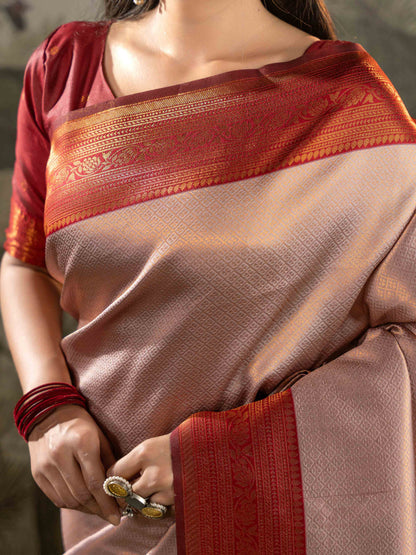 Antique Rose with Vermilion Red Zari Woven Kanjivaram Saree