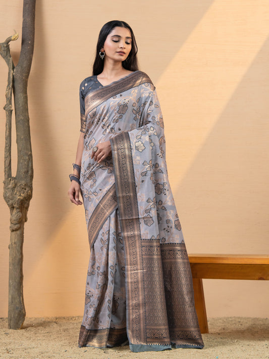 Grey and Black Linen Woven Saree