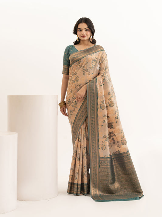 Beige & Teal Green Woven Linen Saree