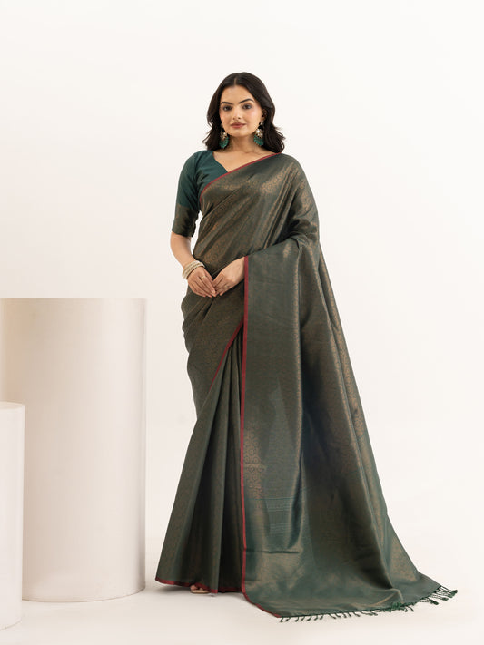 Majestic Dark Olive Green Kanjivaram Silk Saree