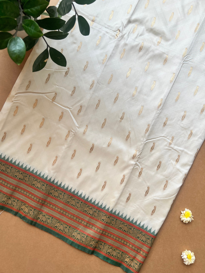 Cream And Green Zari Woven Silk Saree Durga Puja