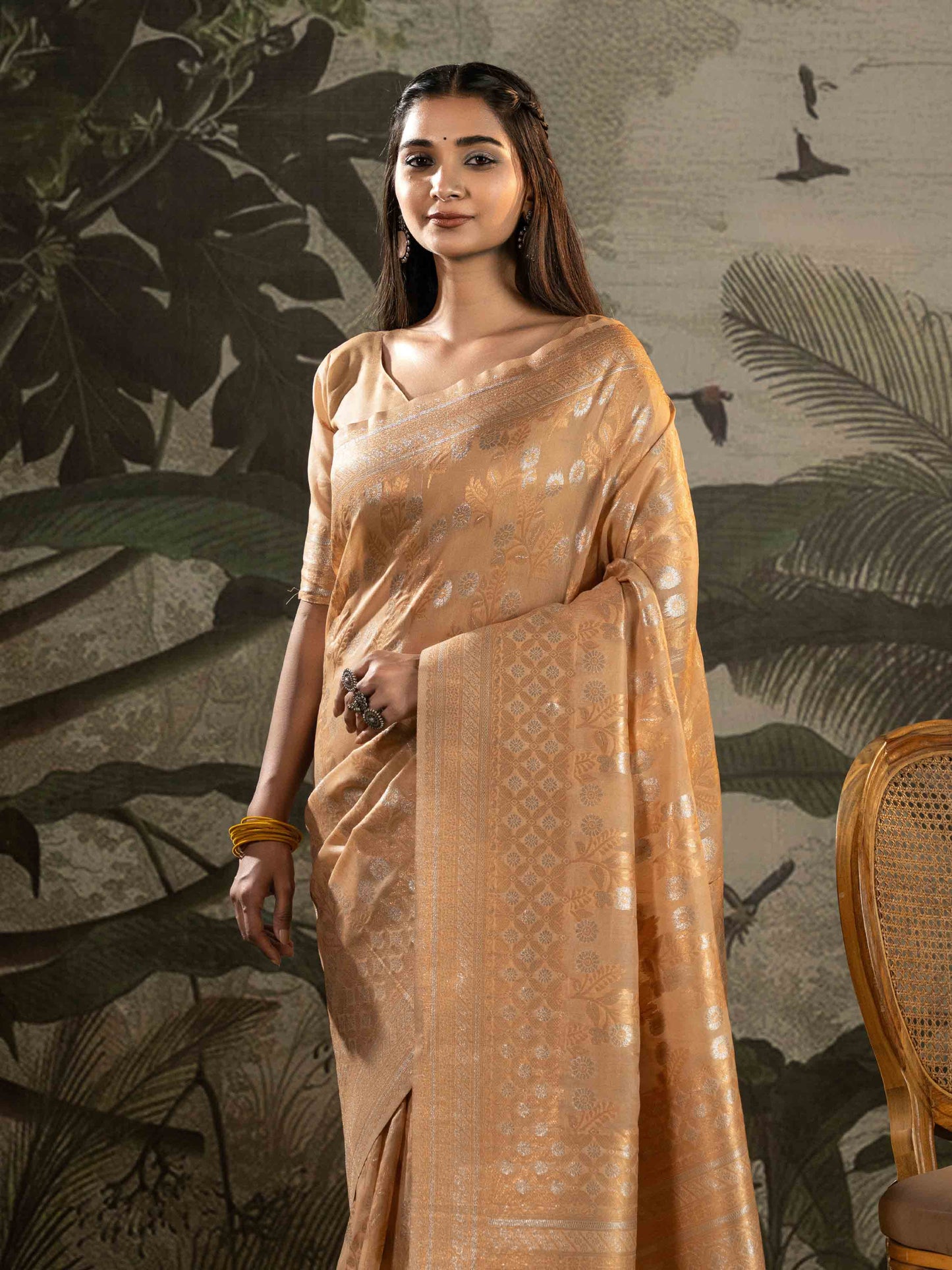 Golden Beige Woven Linen Saree With Silver Zari