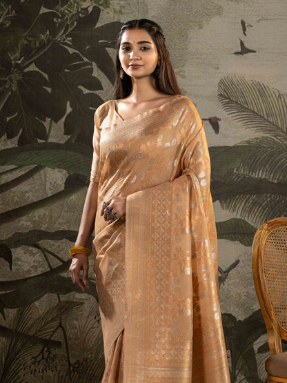 Golden Beige Woven Linen Saree With Silver Zari