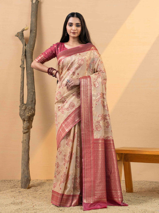 Beige & Rose Pink Woven Linen Saree