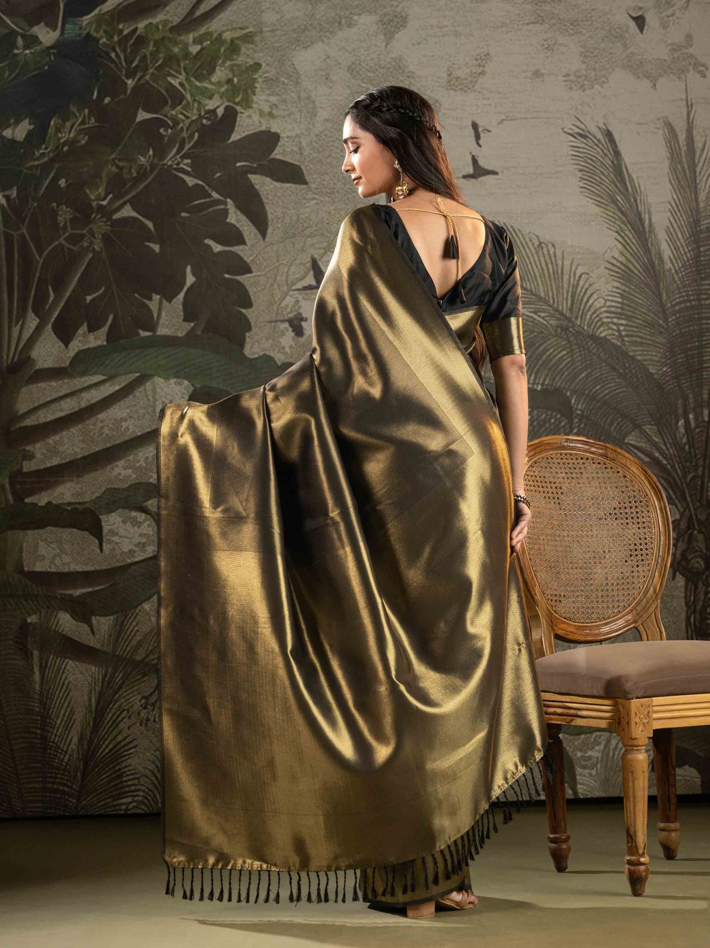Black & Antique Gold Tissue Silk Saree