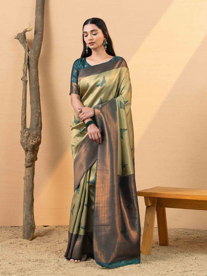 Luxurious Olive Gold and Teal Tissue Silk Saree