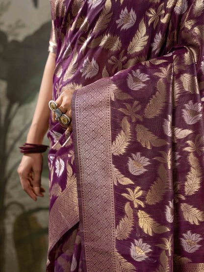 Royal Plum with Antique Gold Zari Woven Linen Saree