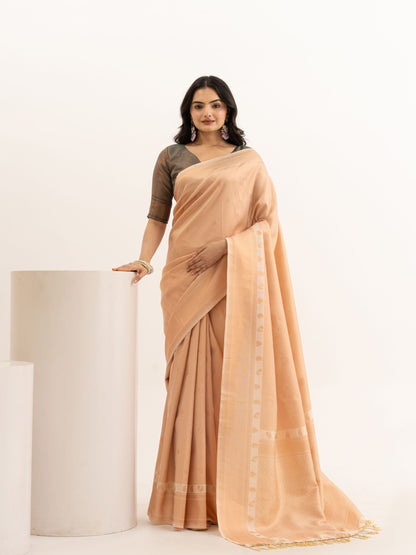 Peach Kanjivaram Silk Saree with woven Peacock Motifs