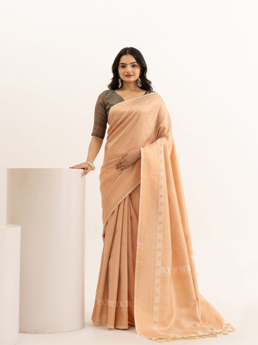 Peach Kanjivaram Silk Saree with woven Peacock Motifs