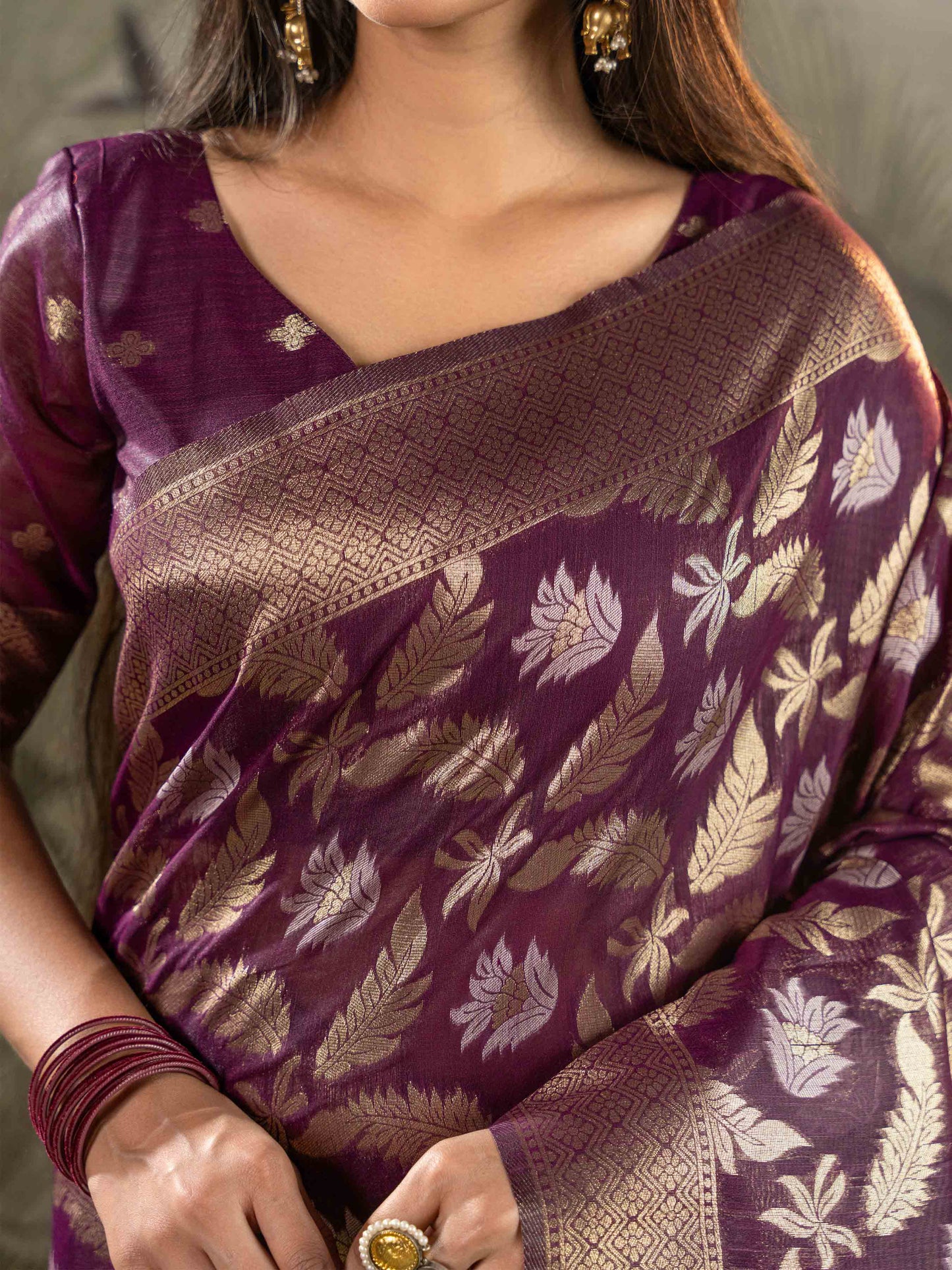 Royal Plum with Antique Gold Zari Woven Linen Saree