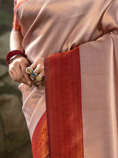 Antique Rose with Vermilion Red Zari Woven Kanjivaram Saree