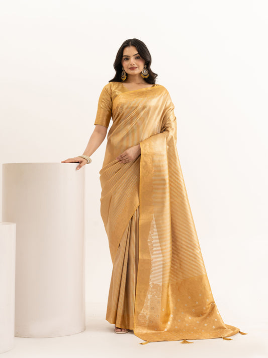 Golden Tissue Silk Saree with Zari Stripes & Brocade Pallu