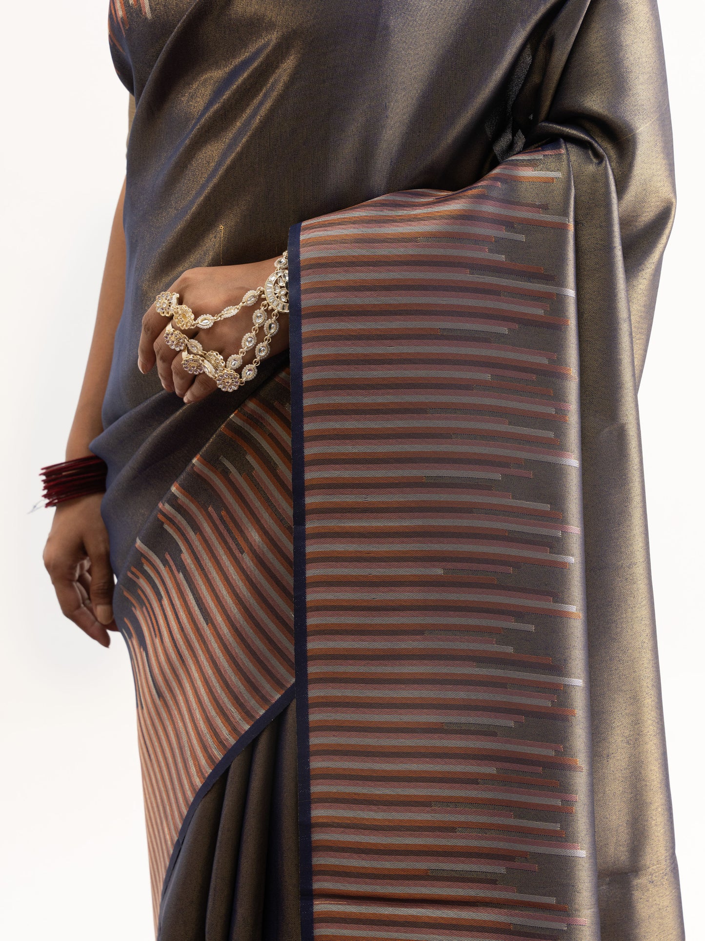 Navy Tissue Silk Saree with Striped Harmony