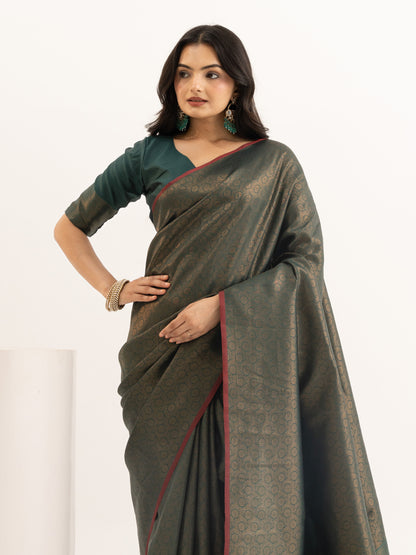 Majestic Dark Olive Green Kanjivaram Silk Saree