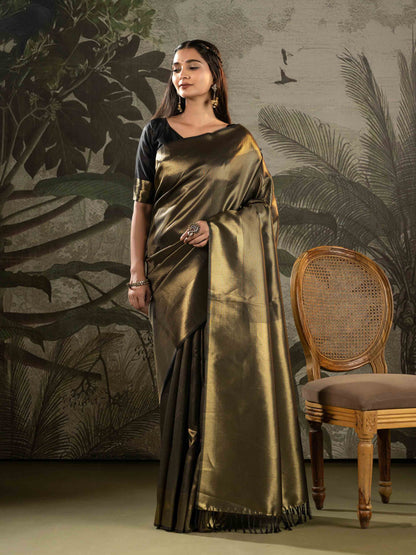Black & Antique Gold Tissue Silk Saree