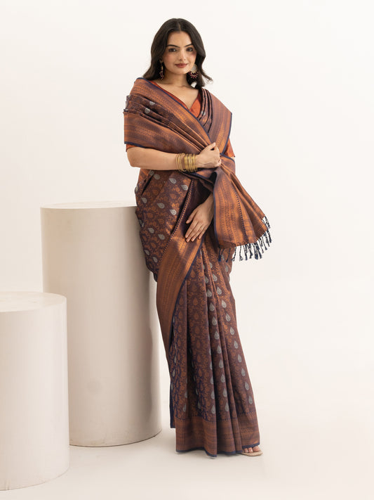 Regal Brown Kanjivaram Silk Saree with Silver Motifs