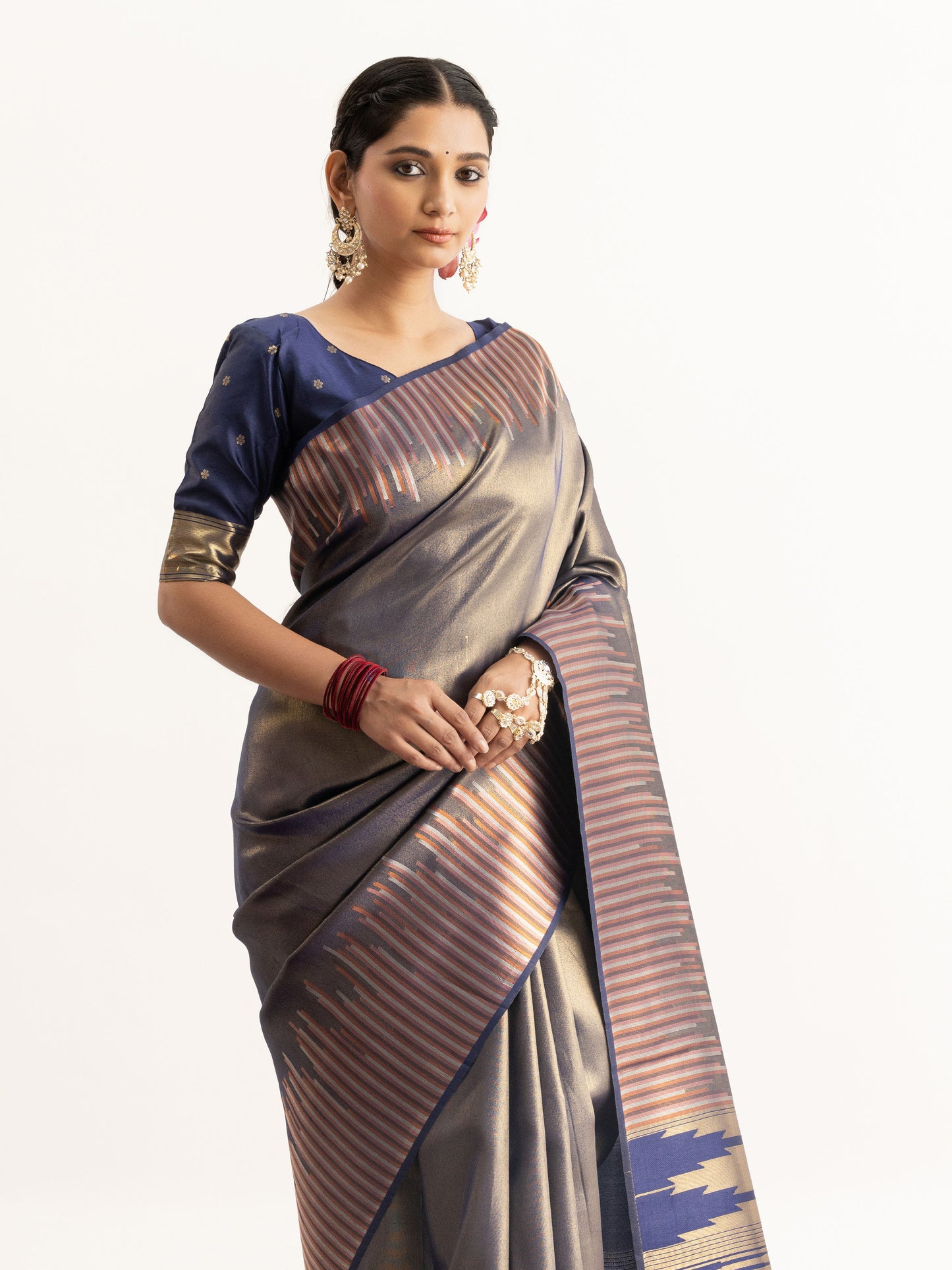Navy Tissue Silk Saree with Striped Harmony