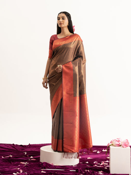Traditional Copper Brown & Maroon Kanjivaram Silk Saree