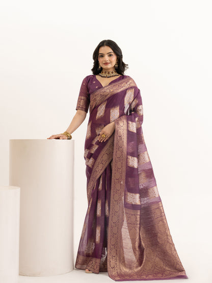 Opulent Plum Zari-Woven Linen Saree