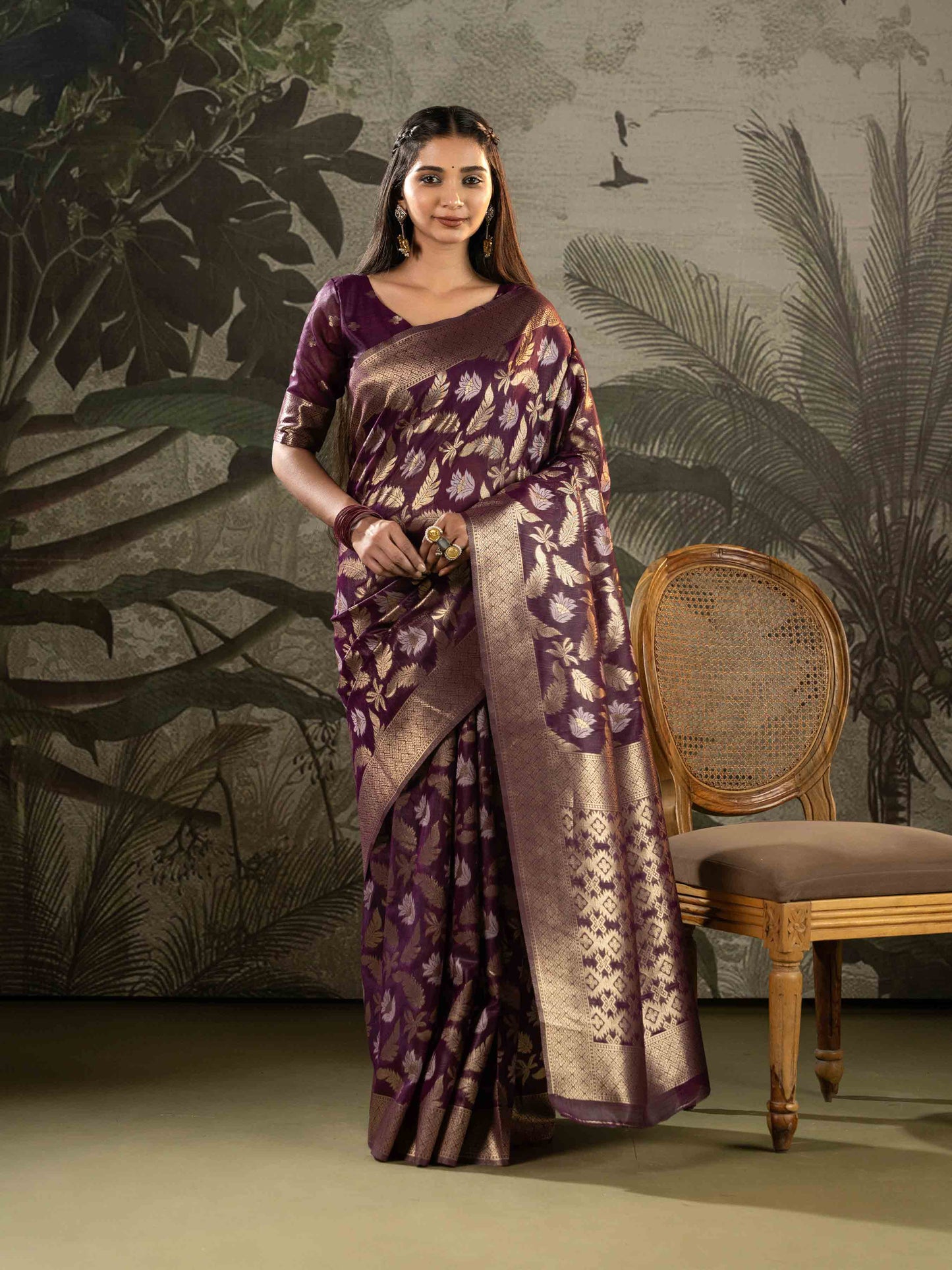 Royal Plum with Antique Gold Zari Woven Linen Saree
