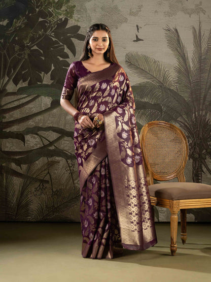 Royal Plum with Antique Gold Zari Woven Linen Saree