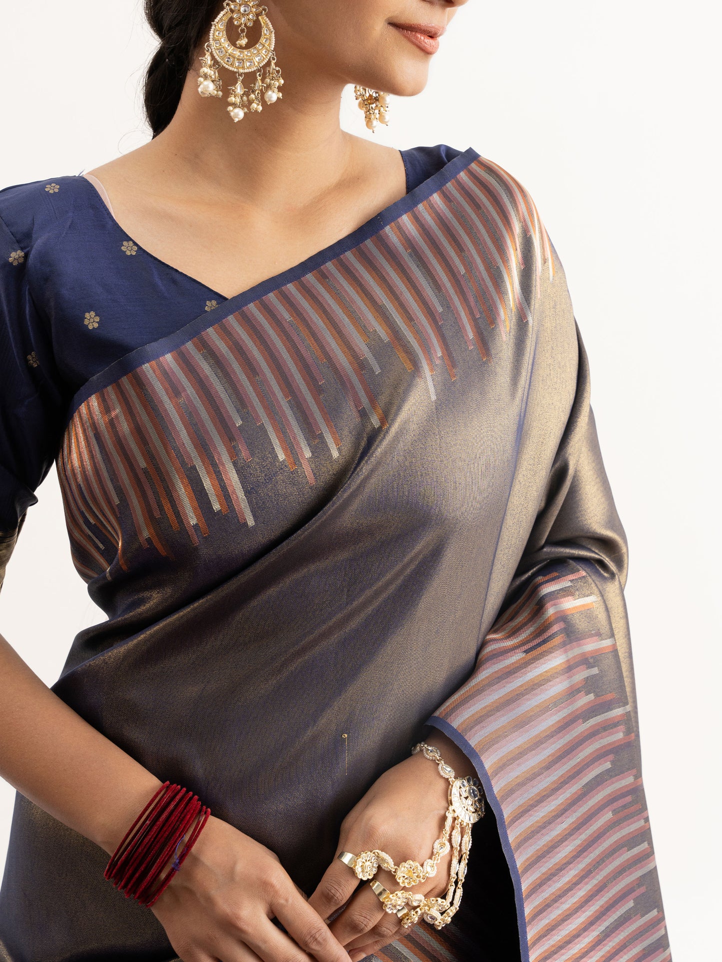 Navy Tissue Silk Saree with Striped Harmony