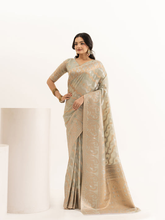 Sage Green Linen Woven Saree With Zari Weaving