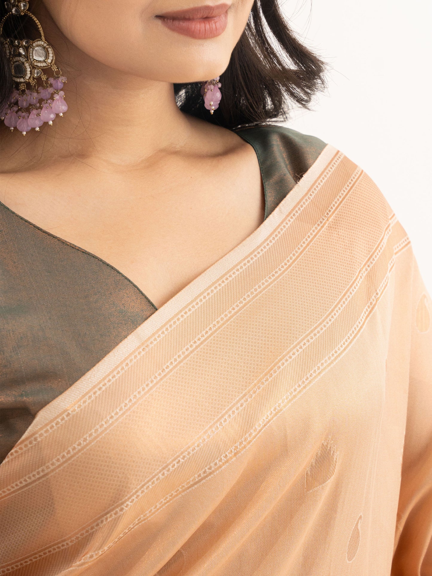 Peach Kanjivaram Silk Saree with woven Peacock Motifs