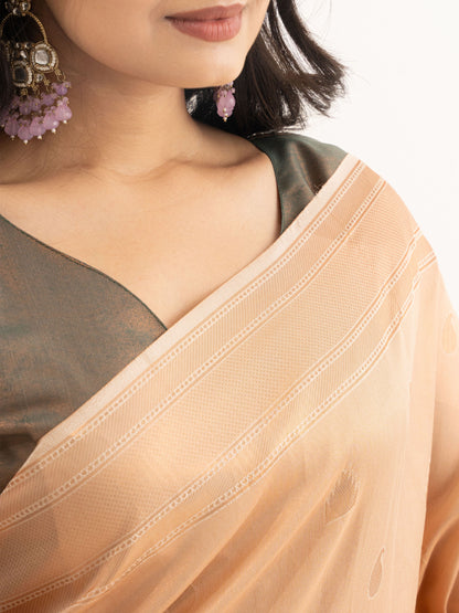 Peach Kanjivaram Silk Saree with woven Peacock Motifs